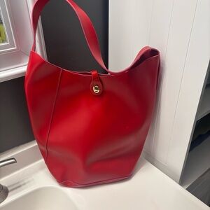 Red Leather Shoulder Tote Bag